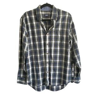 IZOD Plaid Cotton Button Down Long Sleeve Shirt Blue Green White M